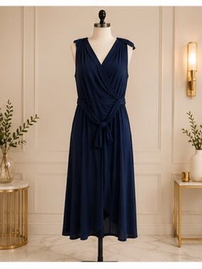White House Black Market Navy Sleeveless Wrap Midi Dress